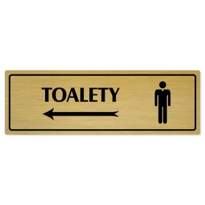 Toalety vlevo muži, 200x66mm, zlatá popiska s rámečkem