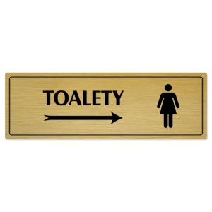 Toalety vpravo ženy, 200x66mm, zlatá popiska s dvojtým rámečkem