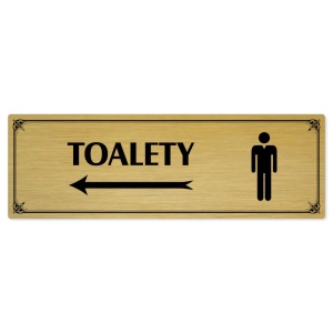 Toalety vlevo muži, 200x66mm, zlatá popiska s okrasným rámečkem