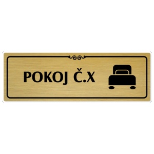Pokoj č., 240x79mm, zlatá popiska s ozdobou uprostřed