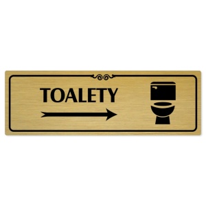 Toalety vpravo, 240x79mm, zlatá popiska s ozdobou uprostřed