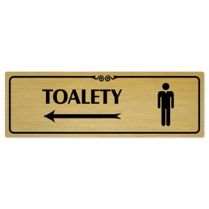 Toalety vlevo muži, 240x79mm, zlatá popiska s ozdobou uprostřed