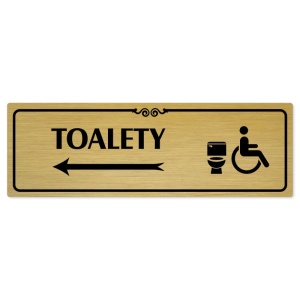 Toalety vlevo invalida, 240x79mm, zlatá popiska s ozdobou uprostřed