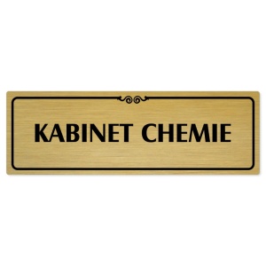 Kabinet chemie, 200x66mm, zlatá popiska s ozdobou uprostřed